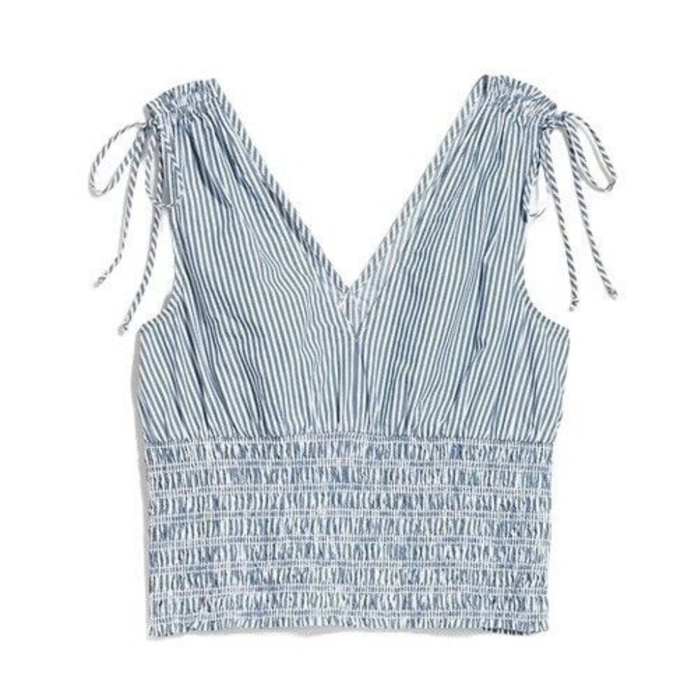 Old Navy Sleeveless Top Sz XL Waist Smocked Mini Blue Stripe Tie Shoulder 721344